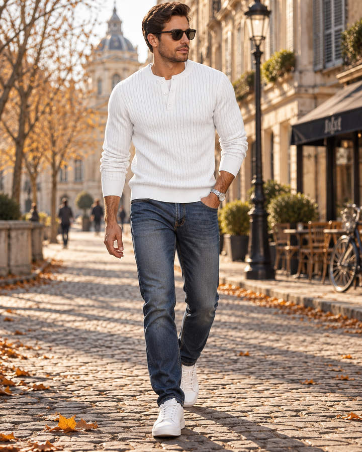 Herren Strickpullover im Henley-Stil mit Knopfleiste