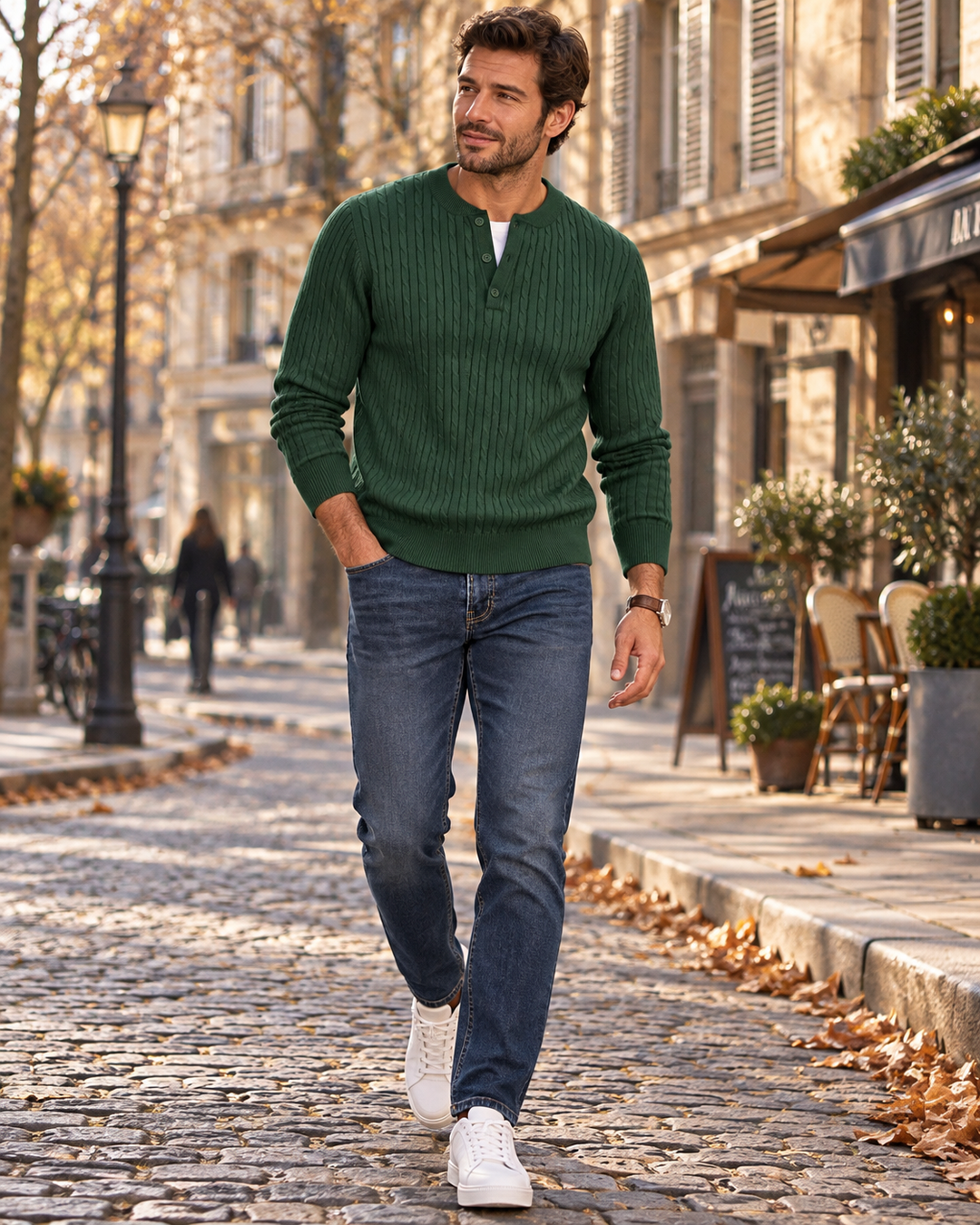 Herren Strickpullover im Henley-Stil mit Knopfleiste