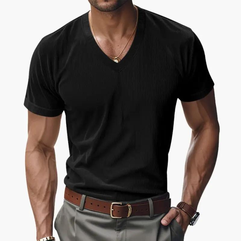 Herren T-Shirt V-Ausschnitt Kurzarm Rippstrick Sommershirt