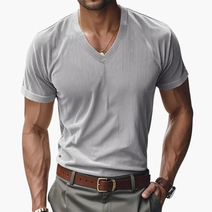 Herren T-Shirt V-Ausschnitt Kurzarm Rippstrick Sommershirt
