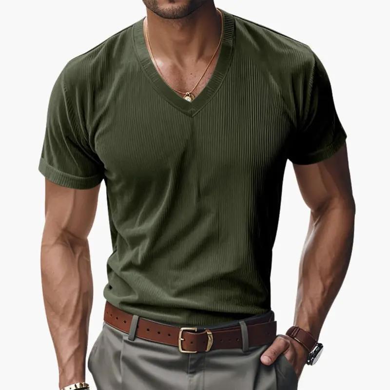 Herren T-Shirt V-Ausschnitt Kurzarm Rippstrick Sommershirt
