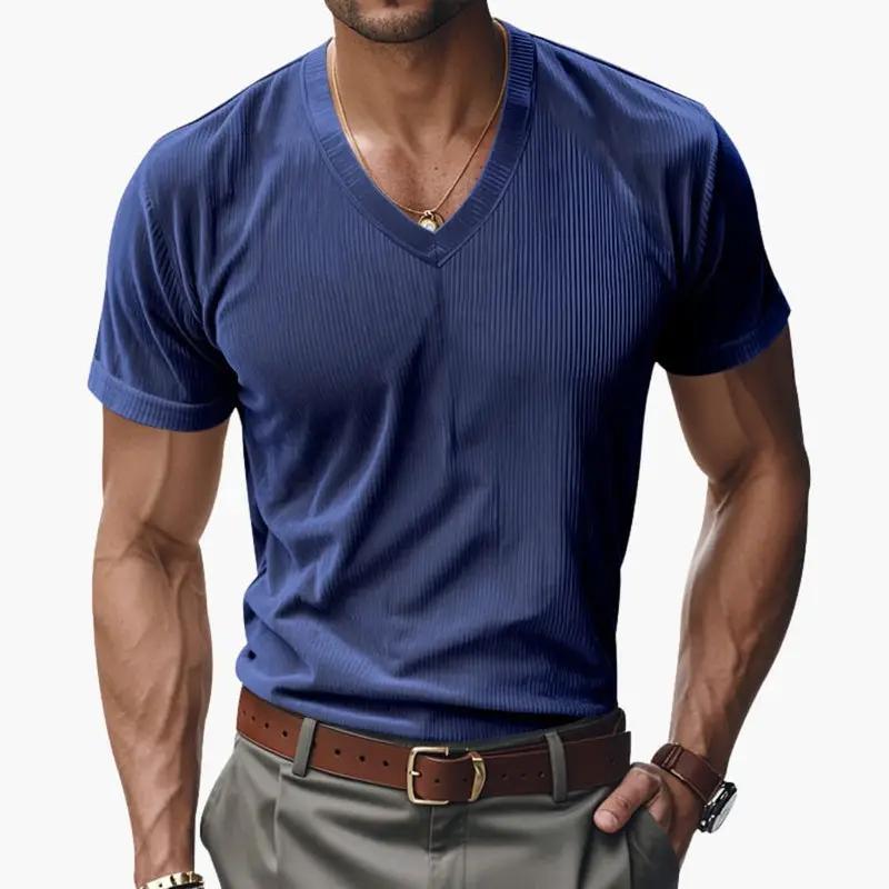 Herren T-Shirt V-Ausschnitt Kurzarm Rippstrick Sommershirt