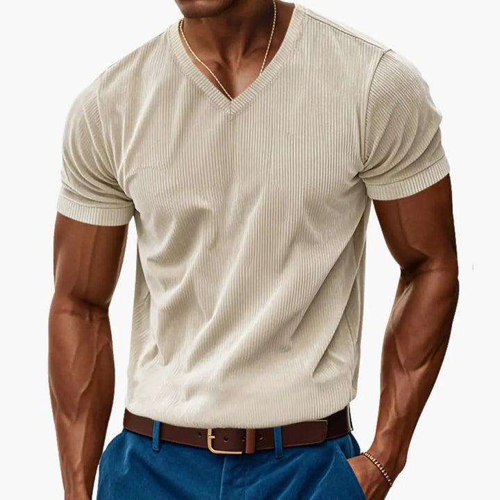 Herren T-Shirt V-Ausschnitt Kurzarm Rippstrick Sommershirt