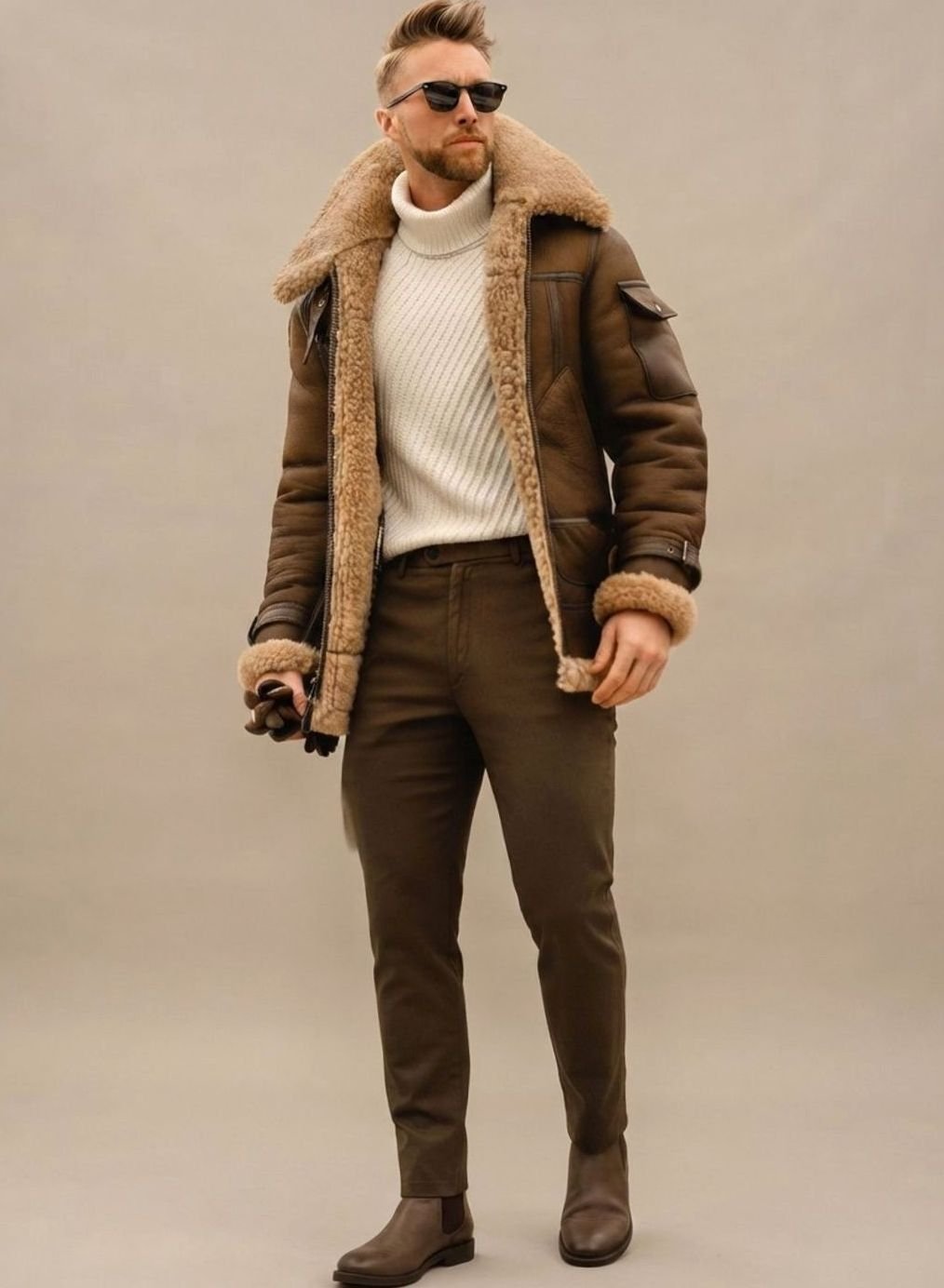 Herren Winterjacke mit Kunstfell und Lederoptik und gefüttertem Design - Beige