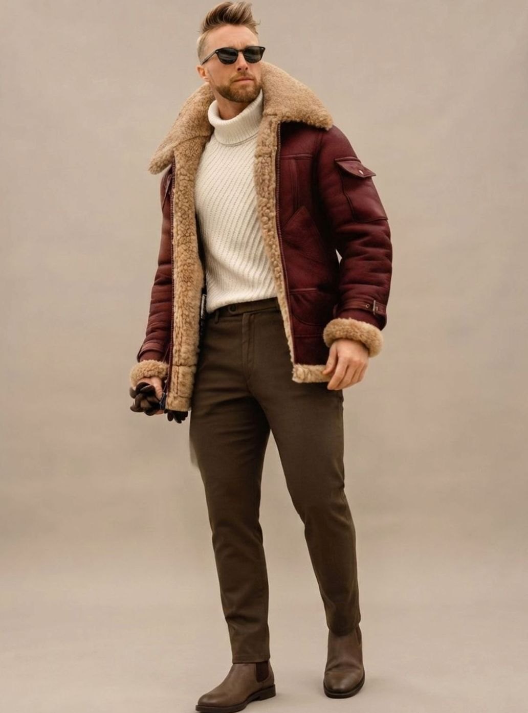 Herren Winterjacke mit Kunstfell und Lederoptik und gefüttertem Design - Beige