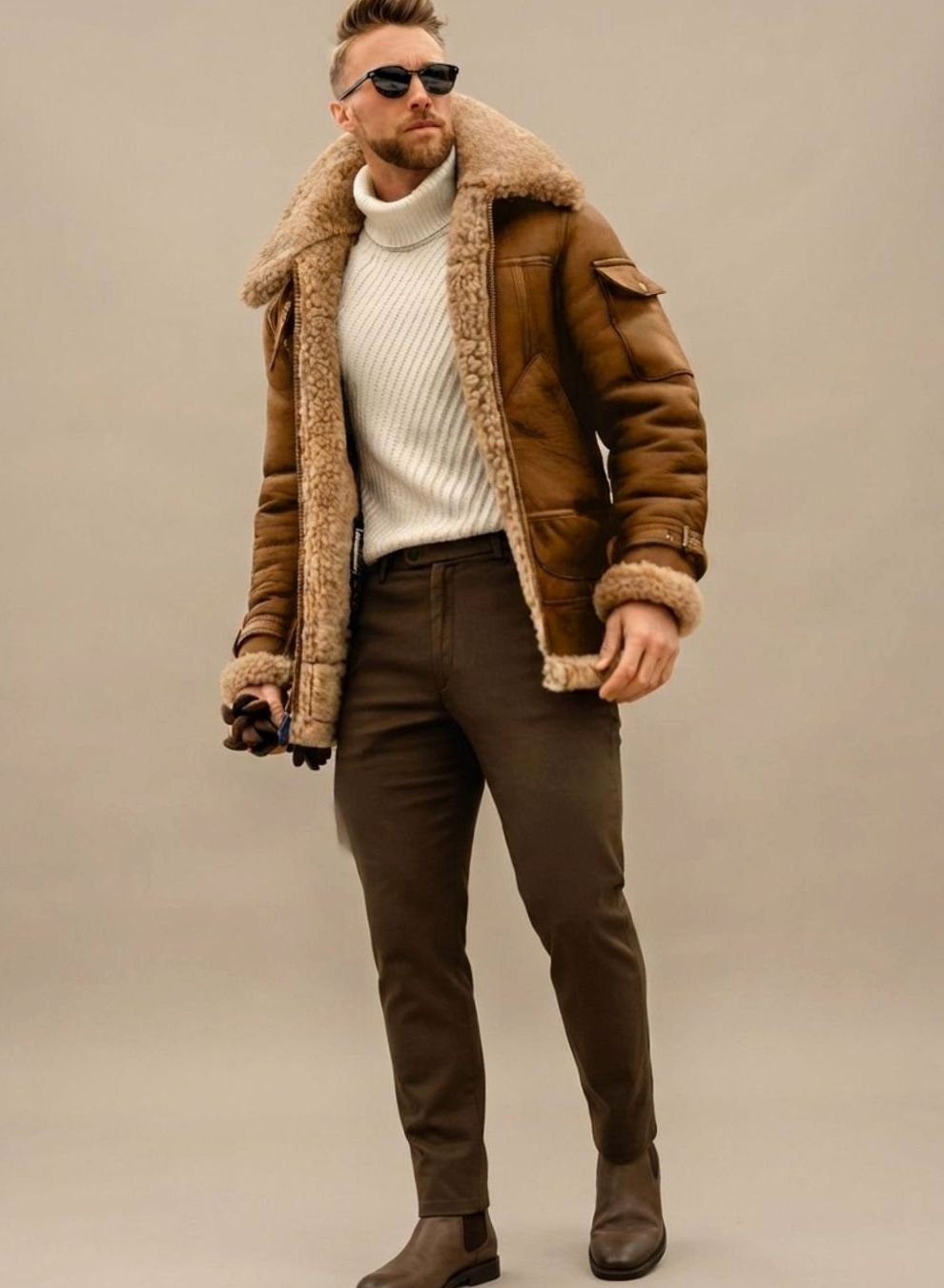 Herren Winterjacke mit Kunstfell und Lederoptik und gefüttertem Design - Beige