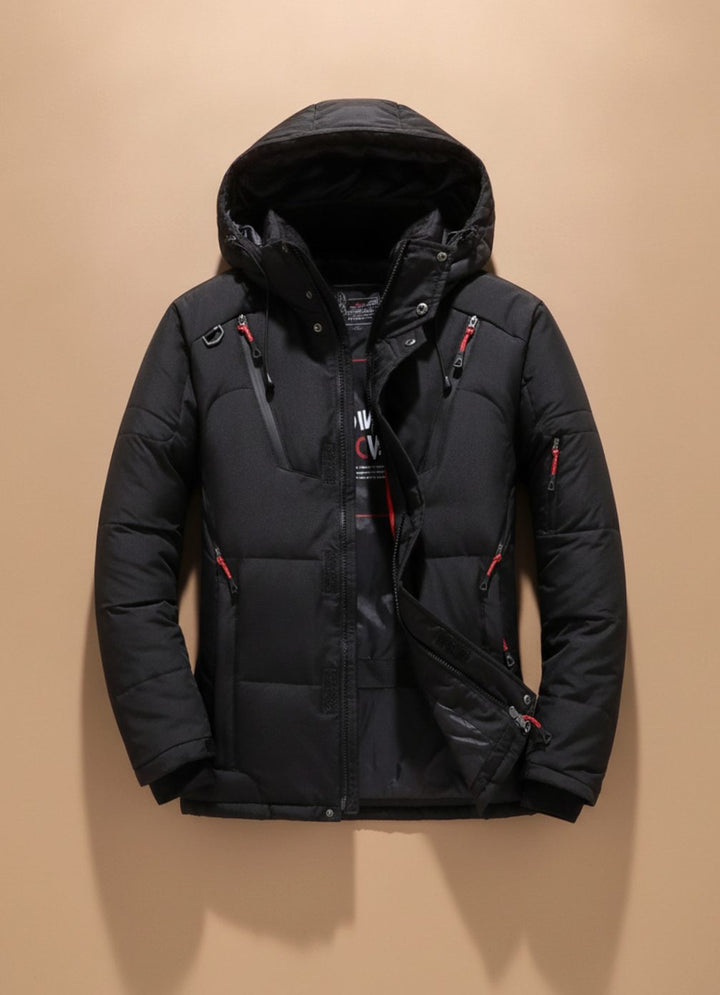 Herren Winterjacke mit winddichter Oberfläche und Kapuze - Schwarz