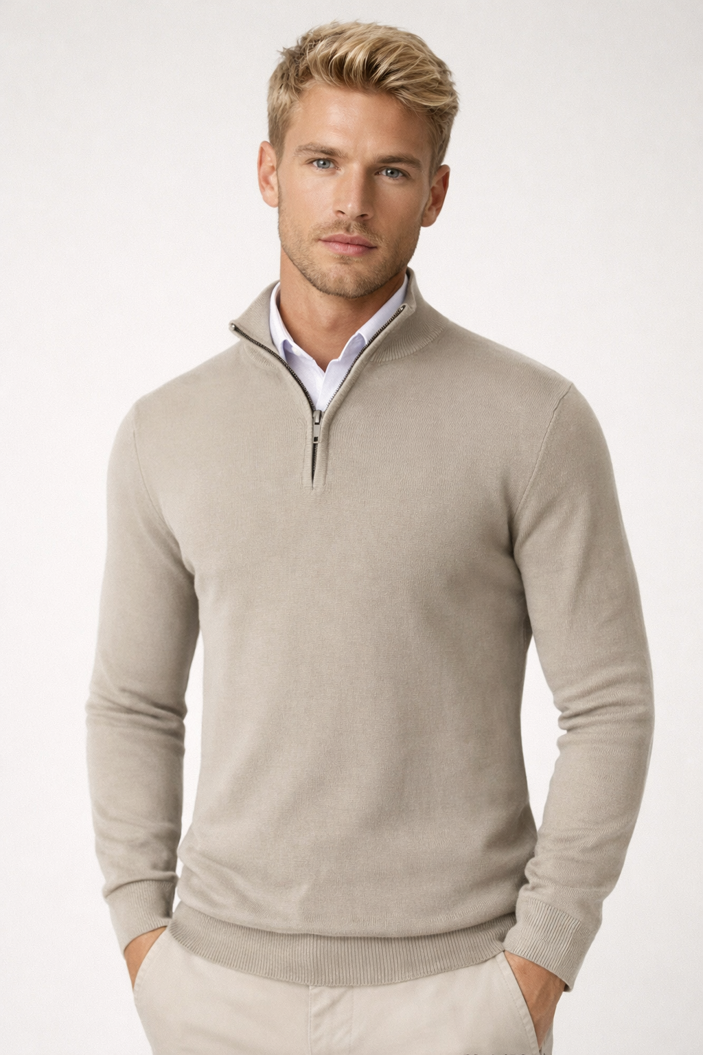 Herren Zip-Pullover mit geripptem Stehkragen