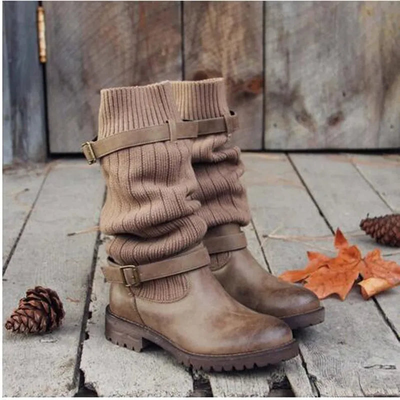 Damen Winterstiefel Strickschaft Schnallen Warme Winterschuhe