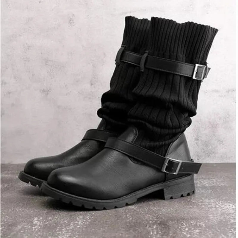 Damen Winterstiefel Strickschaft Schnallen Warme Winterschuhe