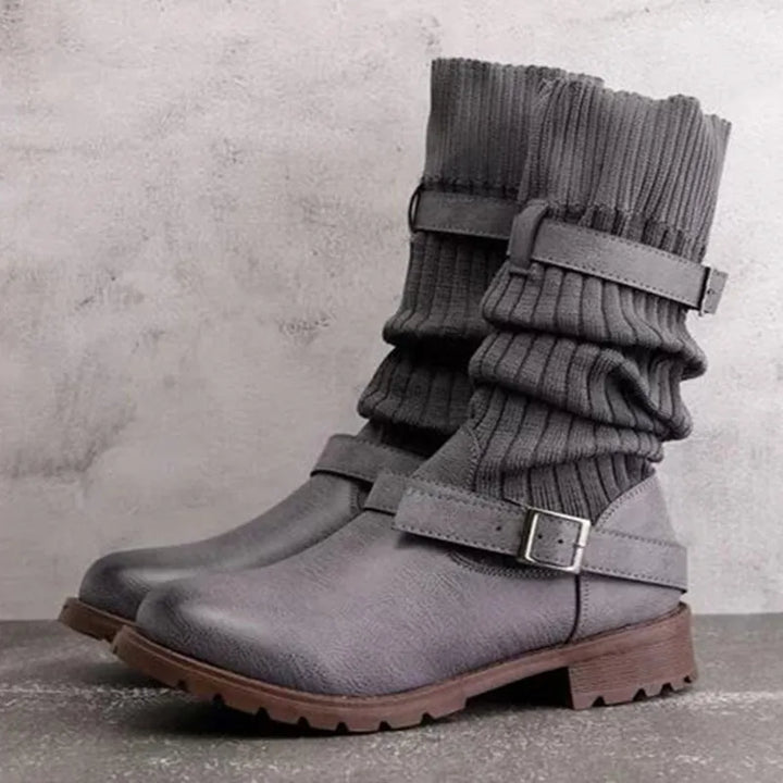 Damen Winterstiefel Strickschaft Schnallen Warme Winterschuhe