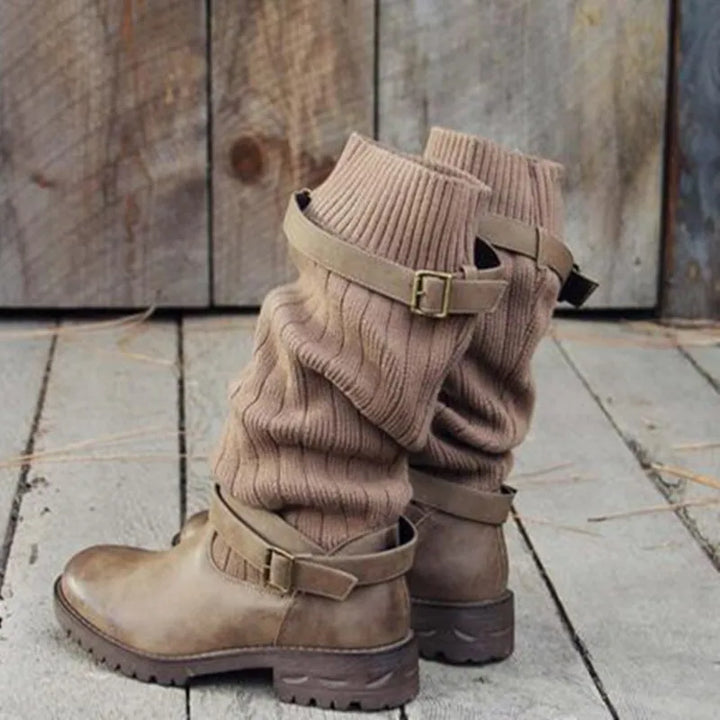 Damen Winterstiefel Strickschaft Schnallen Warme Winterschuhe