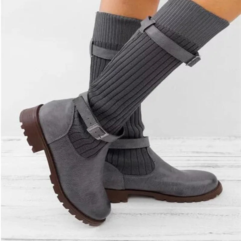 Damen Winterstiefel Strickschaft Schnallen Warme Winterschuhe