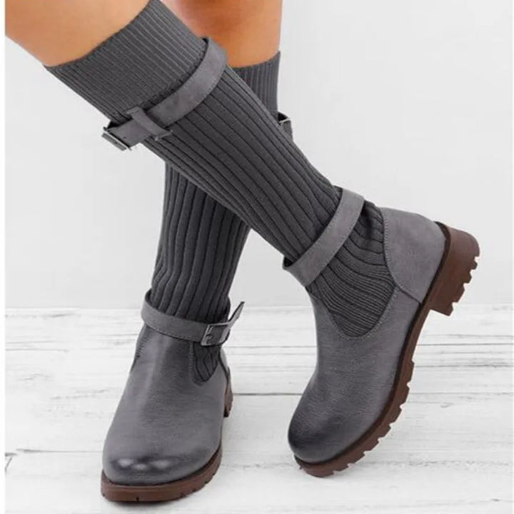 Damen Winterstiefel Strickschaft Schnallen Warme Winterschuhe