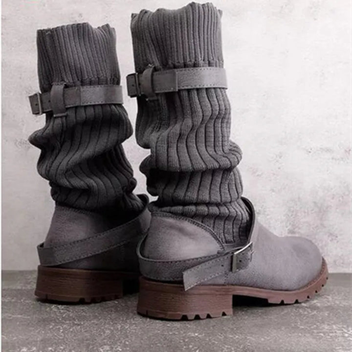 Damen Winterstiefel Strickschaft Schnallen Warme Winterschuhe