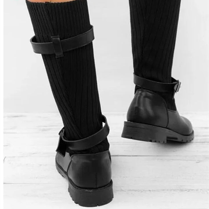 Damen Winterstiefel Strickschaft Schnallen Warme Winterschuhe
