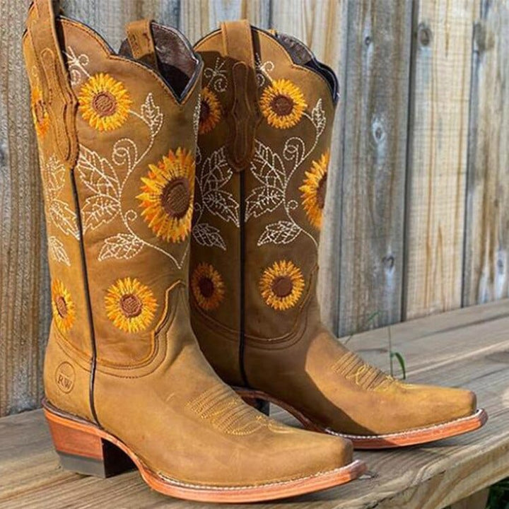 Damen Cowboystiefel Kniehoch Blumenstickerei Westernstiefel