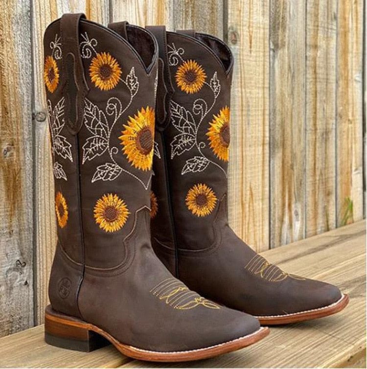 Damen Cowboystiefel Kniehoch Blumenstickerei Westernstiefel