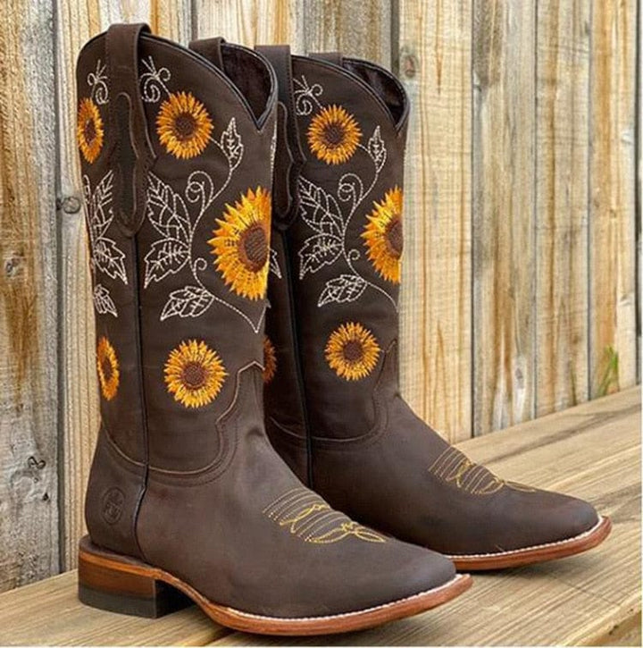Damen Cowboystiefel Kniehoch Blumenstickerei Westernstiefel