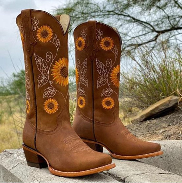 Damen Cowboystiefel Kniehoch Blumenstickerei Westernstiefel