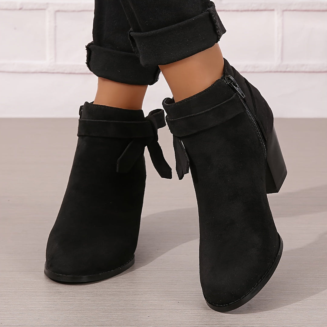 Damen Stiefeletten Blockabsatz Schleife Reissverschluss Boots