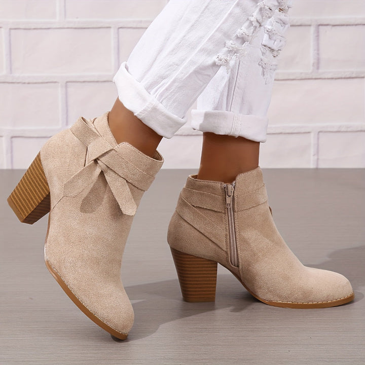 Damen Stiefeletten Blockabsatz Schleife Reissverschluss Boots