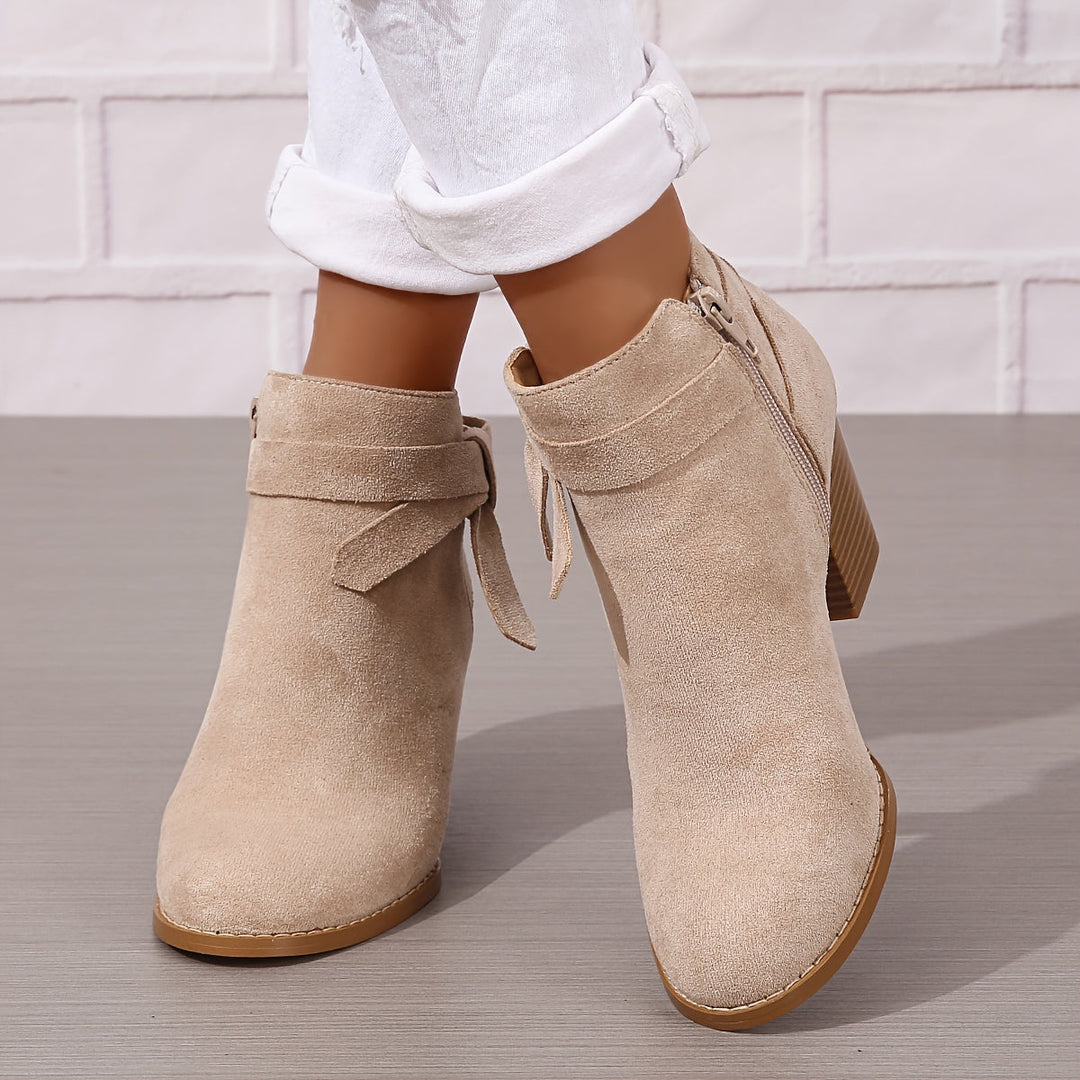 Damen Stiefeletten Blockabsatz Schleife Reissverschluss Boots