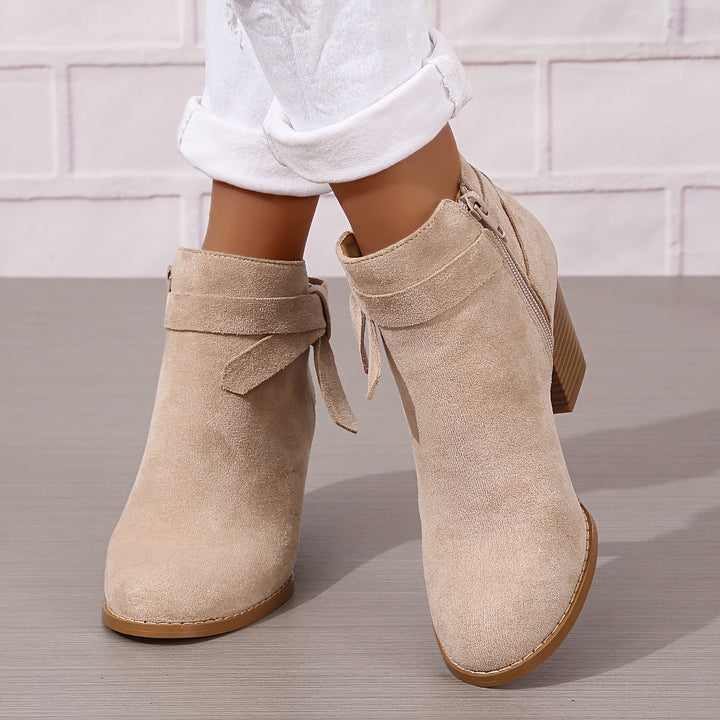 Damen Stiefeletten Blockabsatz Schleife Reissverschluss Boots