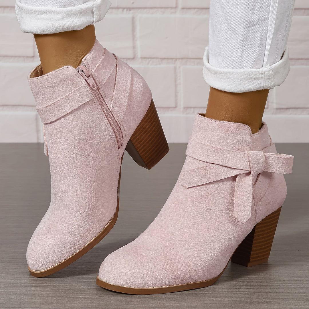 Damen Stiefeletten Blockabsatz Schleife Reissverschluss Boots