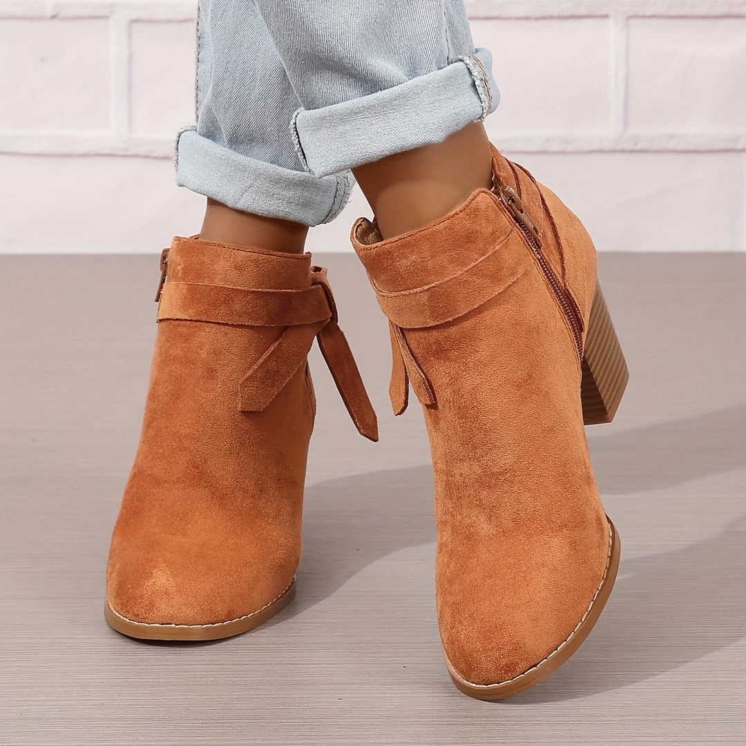 Damen Stiefeletten Blockabsatz Schleife Reissverschluss Boots