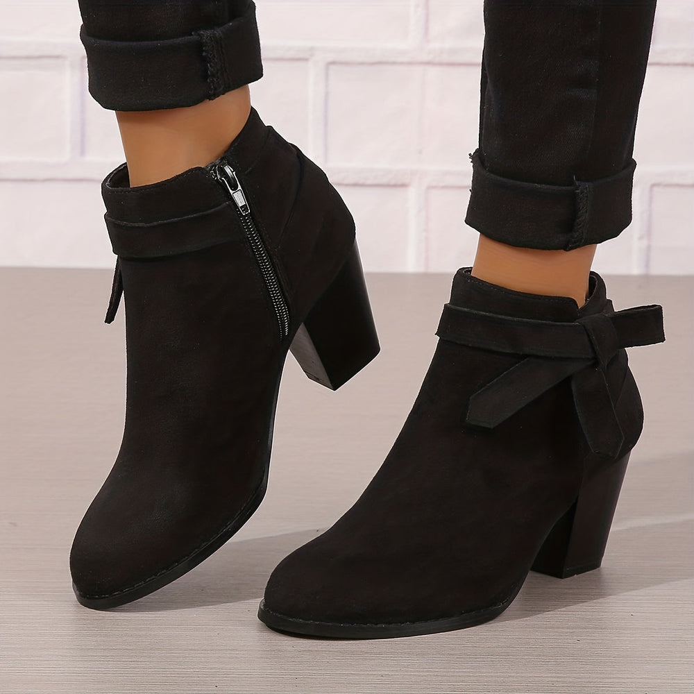 Damen Stiefeletten Blockabsatz Schleife Reissverschluss Boots