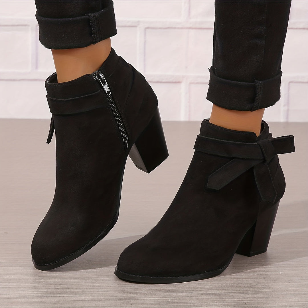 Damen Stiefeletten Blockabsatz Schleife Reissverschluss Boots