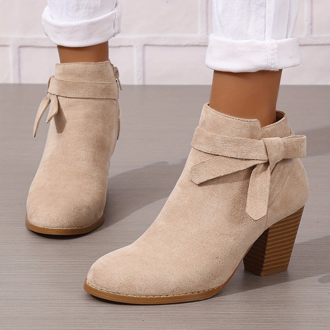 Damen Stiefeletten Blockabsatz Schleife Reissverschluss Boots