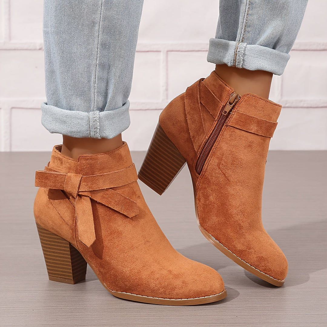 Damen Stiefeletten Blockabsatz Schleife Reissverschluss Boots