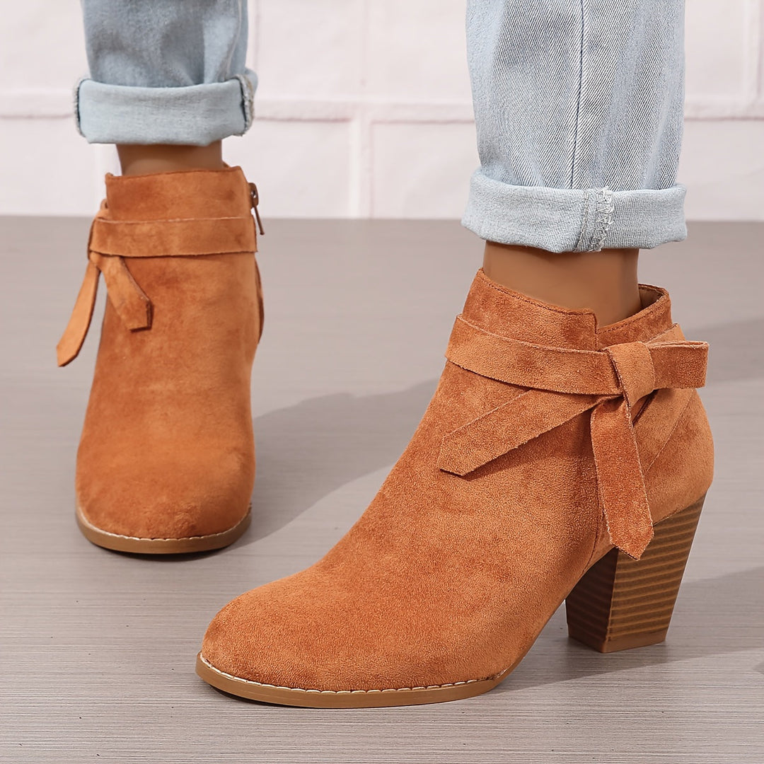 Damen Stiefeletten Blockabsatz Schleife Reissverschluss Boots