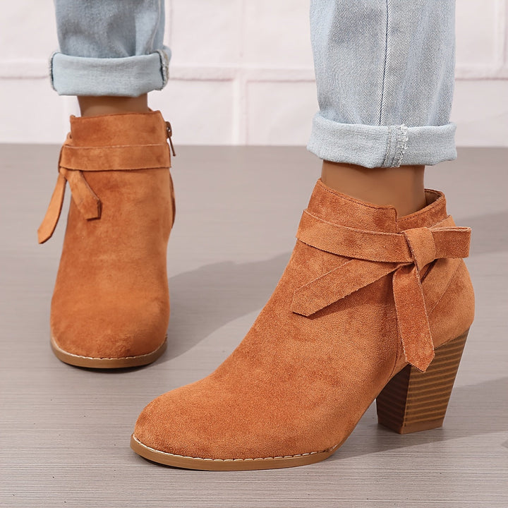 Damen Stiefeletten Blockabsatz Schleife Reissverschluss Boots