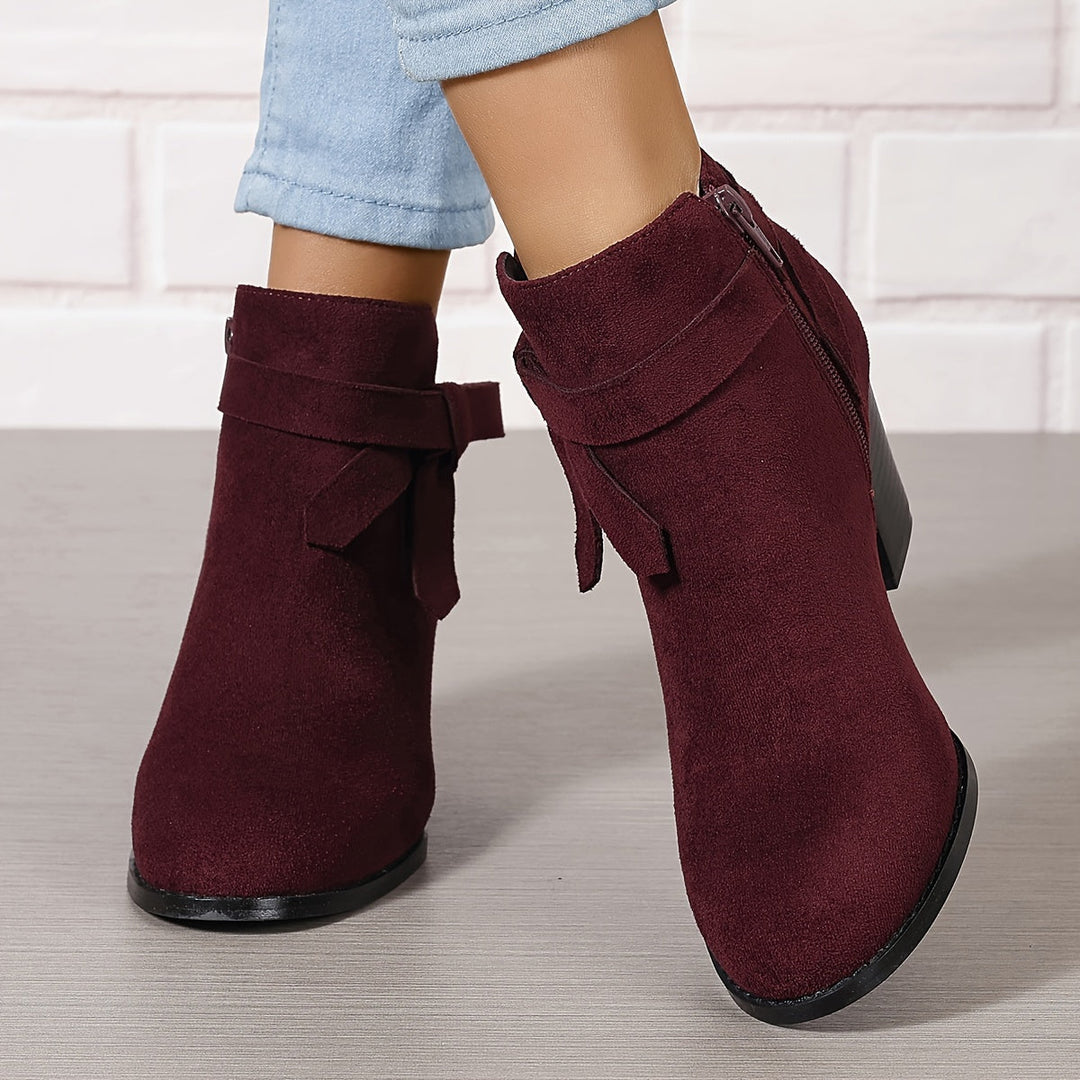 Damen Stiefeletten Blockabsatz Schleife Reissverschluss Boots