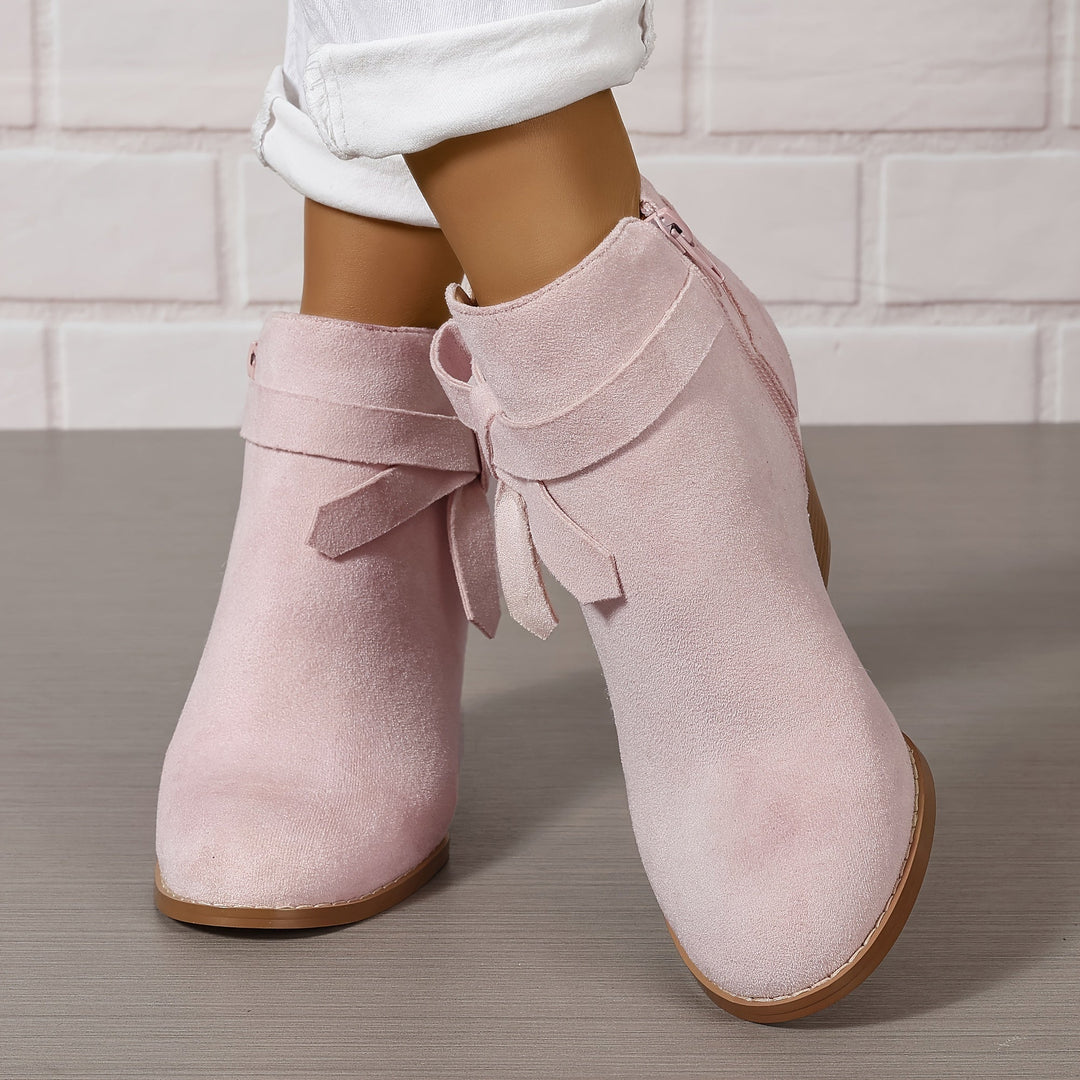 Damen Stiefeletten Blockabsatz Schleife Reissverschluss Boots