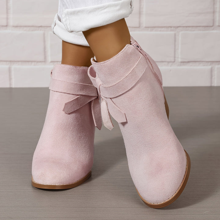 Damen Stiefeletten Blockabsatz Schleife Reissverschluss Boots