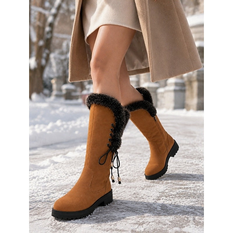 Damen Winterstiefel Kniehoch Kunstfell Blockabsatz Winterschuhe