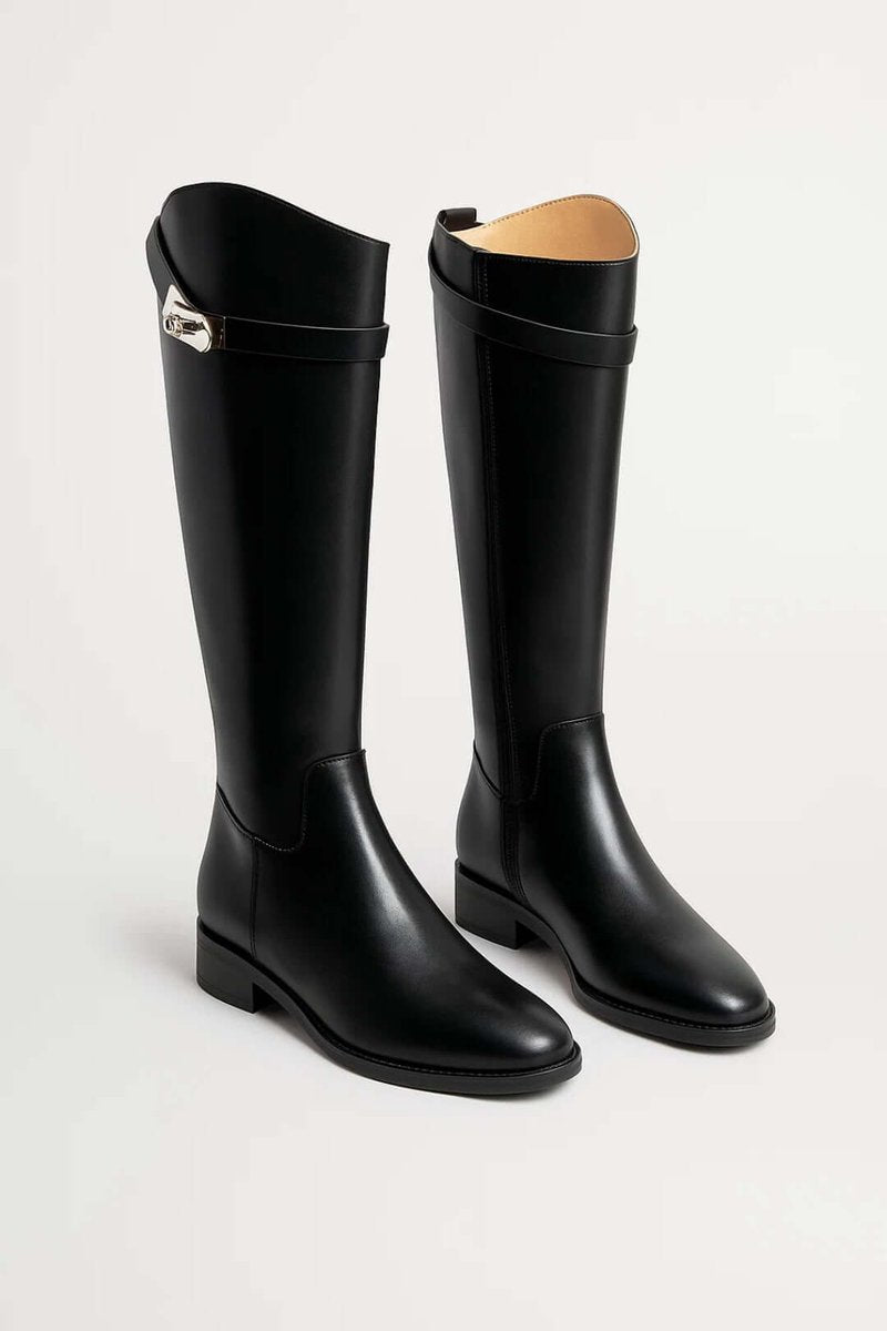 Damen Reitstiefel Kniehoch Blockabsatz Schnalle Lederstiefel