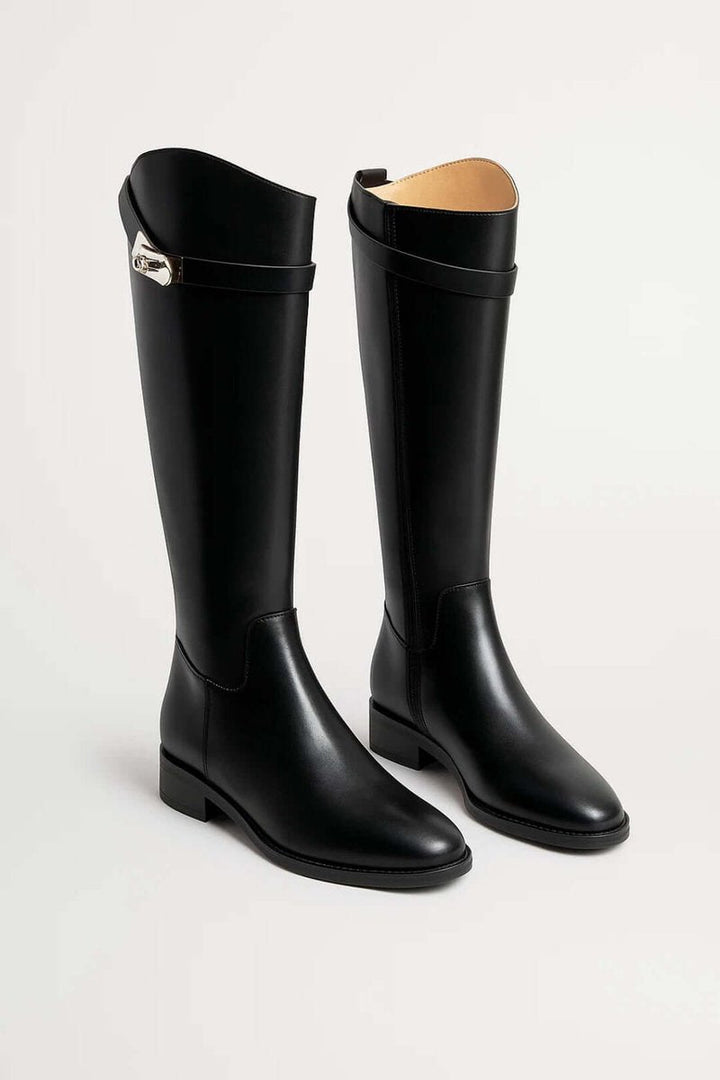 Damen Reitstiefel Kniehoch Blockabsatz Schnalle Lederstiefel