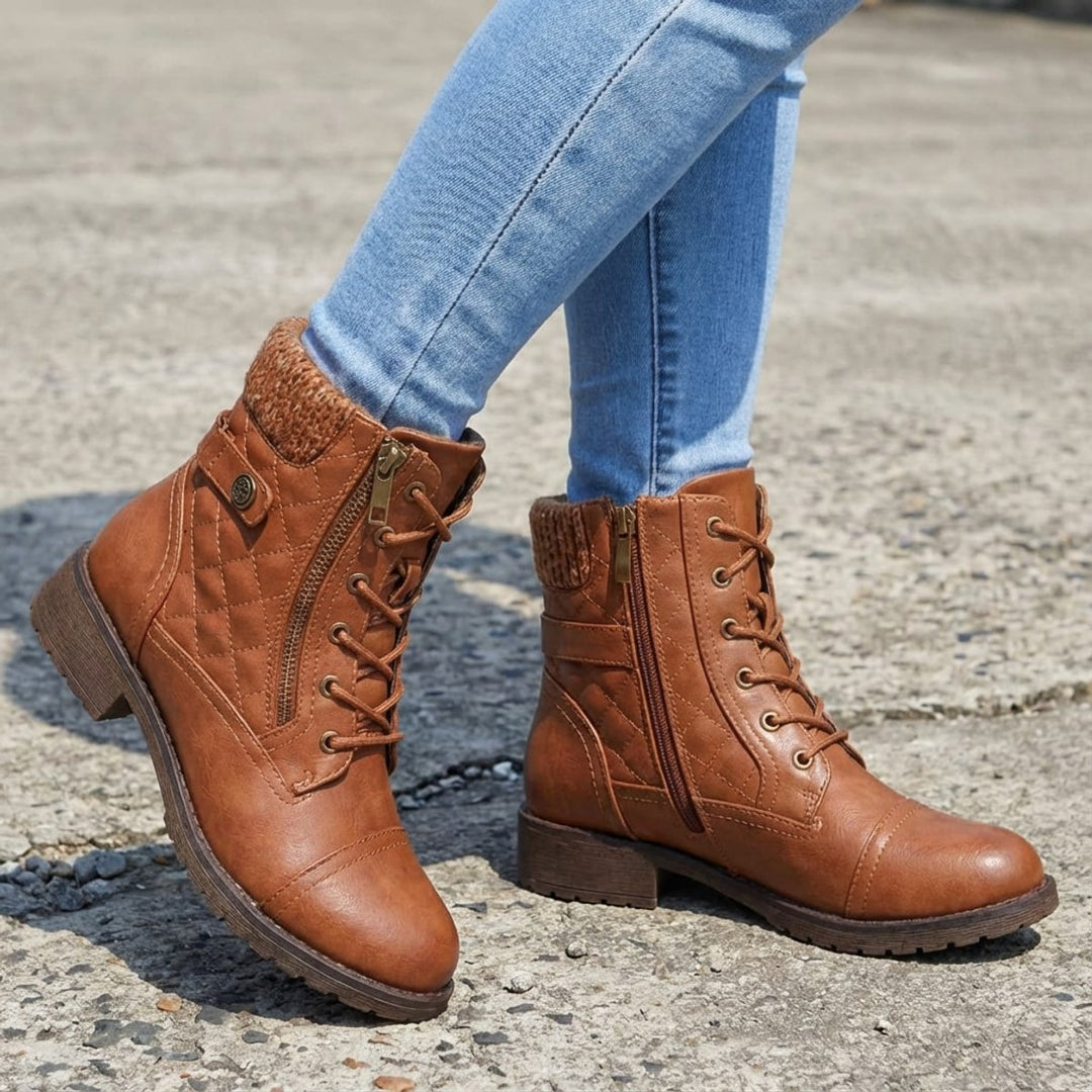 Damen Stiefeletten Kunstleder Schnürung Blockabsatz Winterboots