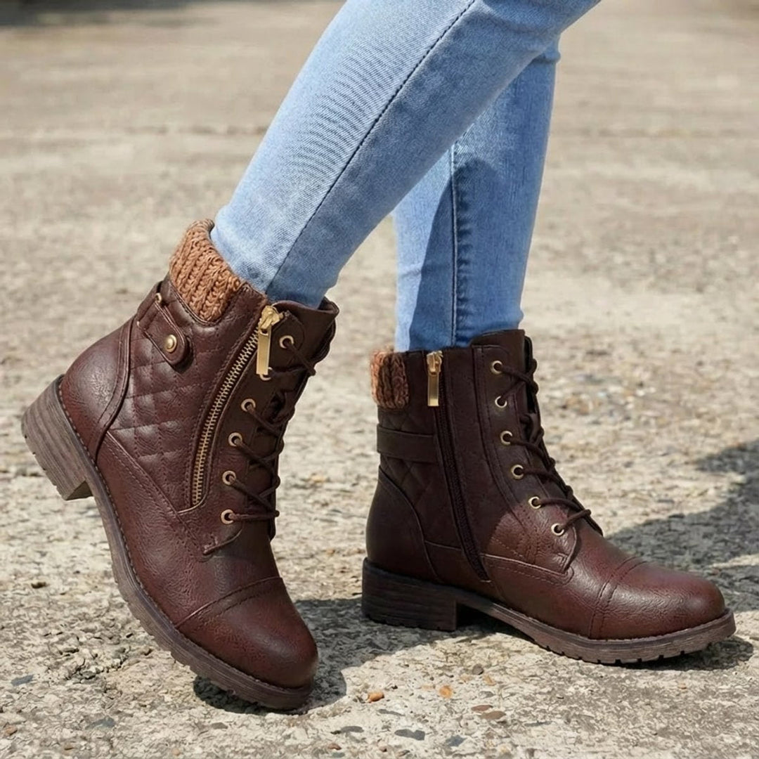 Damen Stiefeletten Kunstleder Schnürung Blockabsatz Winterboots