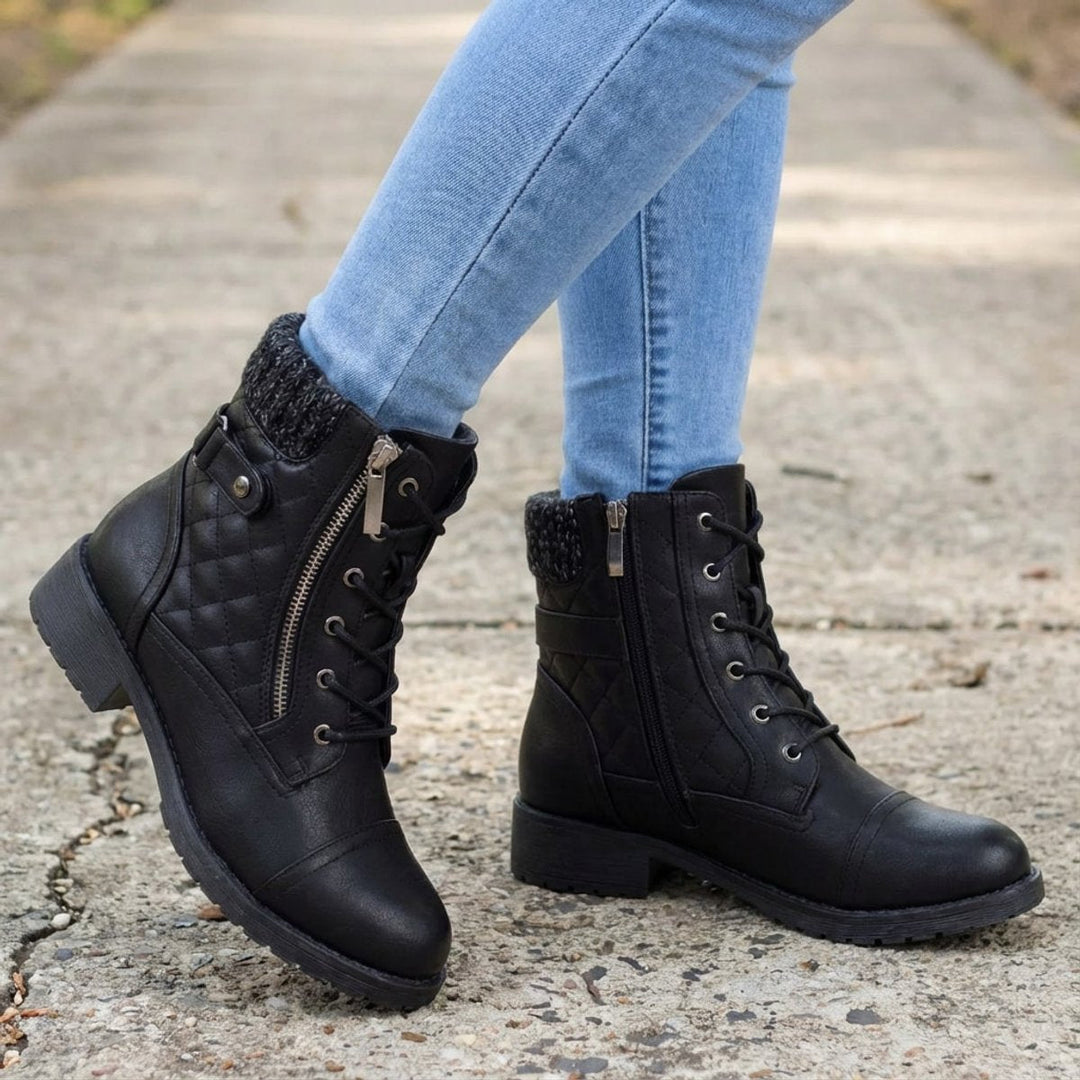 Damen Stiefeletten Kunstleder Schnürung Blockabsatz Winterboots