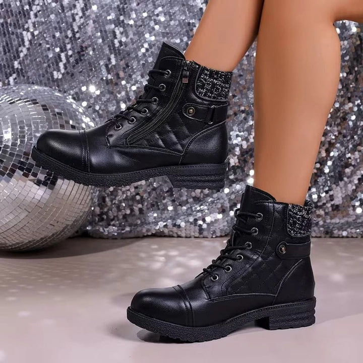 Damen Stiefeletten Kunstleder Schnürung Blockabsatz Winterboots