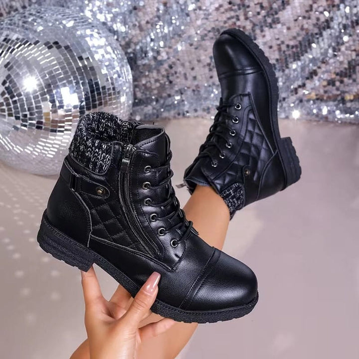 Damen Stiefeletten Kunstleder Schnürung Blockabsatz Winterboots