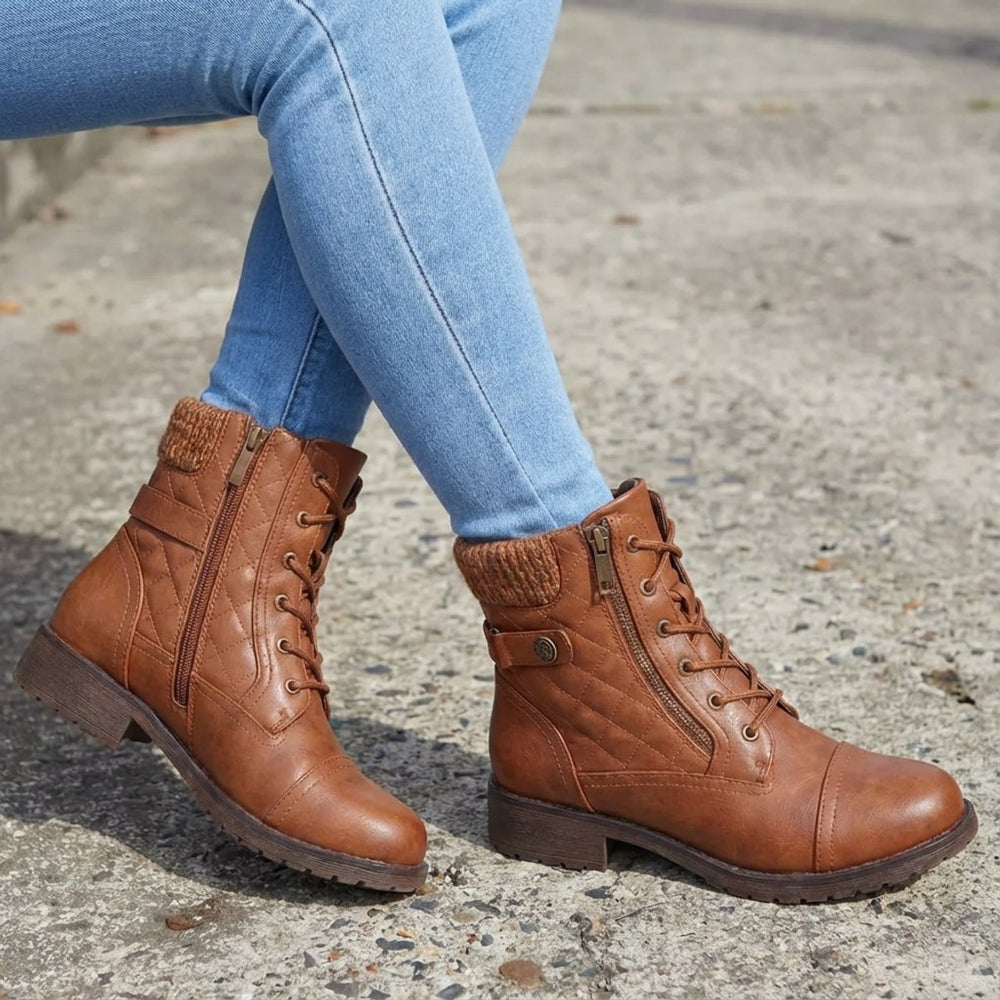 Damen Stiefeletten Kunstleder Schnürung Blockabsatz Winterboots