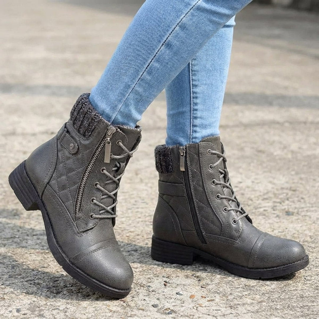 Damen Stiefeletten Kunstleder Schnürung Blockabsatz Winterboots