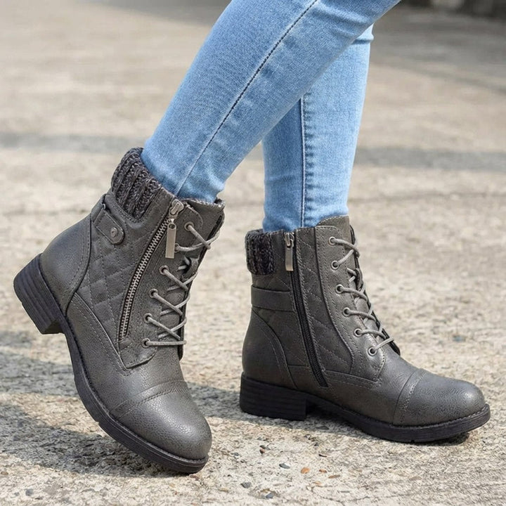 Damen Stiefeletten Kunstleder Schnürung Blockabsatz Winterboots